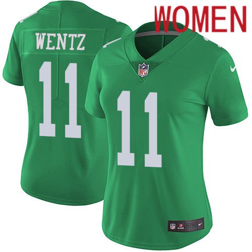 Women Philadelphia Eagles 11 Carson Wentz Nike Green Vapor Limited Rush NFL Jersey